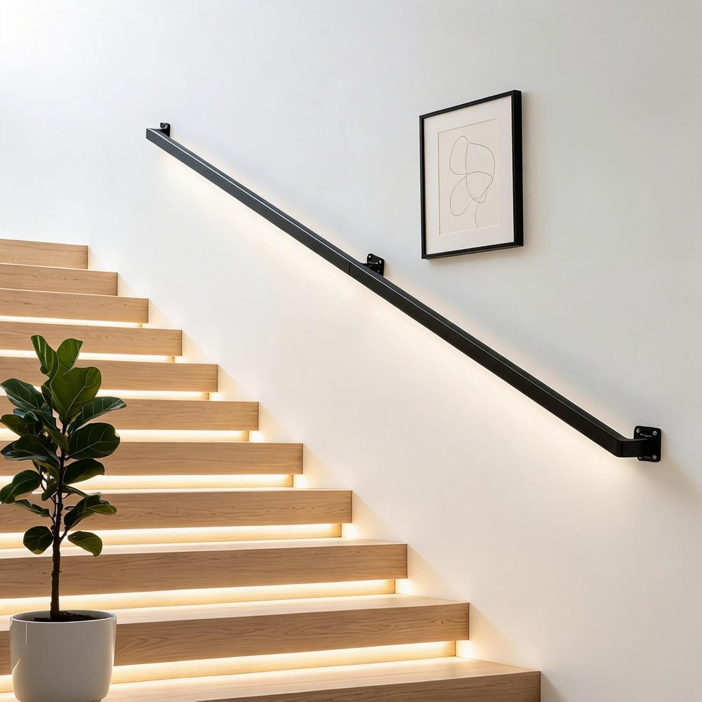 image:image10FT Stair Railings Indoor WallMounted Metal Hand Rail for Indoor Modern Black Metal Staircase Hand Rails 500lbs Load Capacity Industrial Wall Mounted Handrails Outdoor for Loft Porch Deck6 Feet