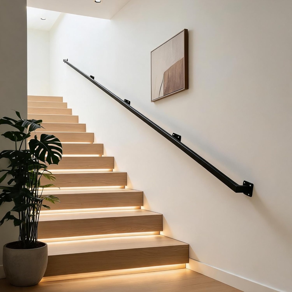 image:image10FT Stair Railings Indoor WallMounted Metal Hand Rail for Indoor Modern Black Metal Staircase Hand Rails 500lbs Load Capacity Industrial Wall Mounted Handrails Outdoor for Loft Porch Deck12 Feet