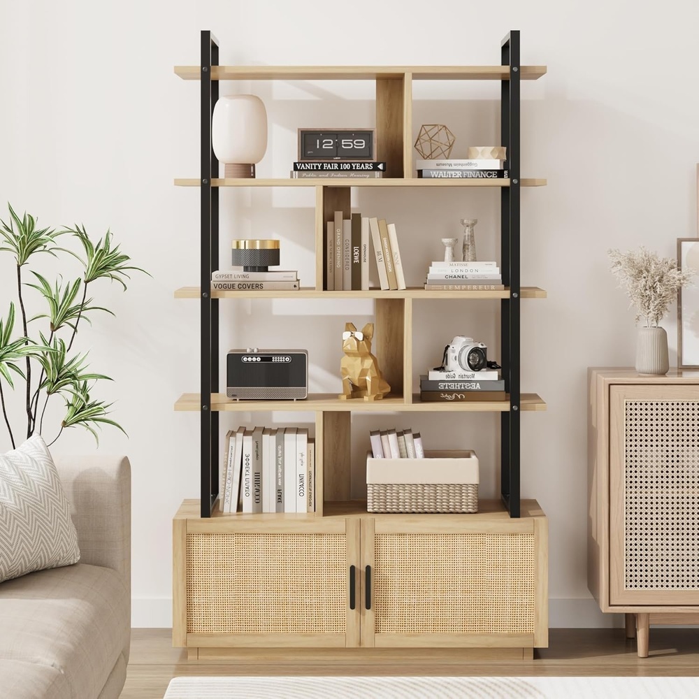 image:imageGarvee 5Tier Industrial Bookshelf with Rattan Cabinet 71 Inch Tall Bookcase Metal Frame Storage Shelf with 4 Open Shelves amp 1 Door for Living Room Bedroom BlackBurlywood