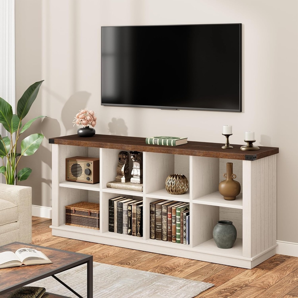 image:imageGarvee 62 in Industrial 8Cube Storage Organizer with 3Tier Metal Horizontal Bookcase Long Low Console Shelf for Entryway and Living RoomBrown and White Contrast