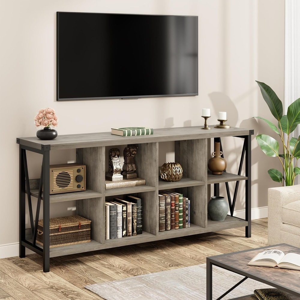 image:imageGarvee 62 in Industrial 8Cube Storage Organizer with 3Tier Metal Horizontal Bookcase  Long Low Console Shelf for Entryway and Living RoomGrey