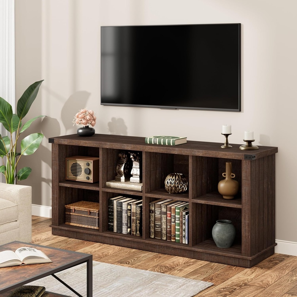 image:imageGarvee 62 in Industrial 8Cube Storage Organizer with 3Tier Metal Horizontal Bookcase  Long Low Console Shelf for Entryway and Living RoomReddish Brown