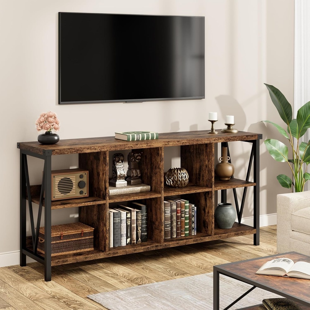 image:imageGarvee 62 in Industrial 8Cube Storage Organizer with 3Tier Metal Horizontal Bookcase Long Low Console Shelf for Entryway and Living RoomRetro Color