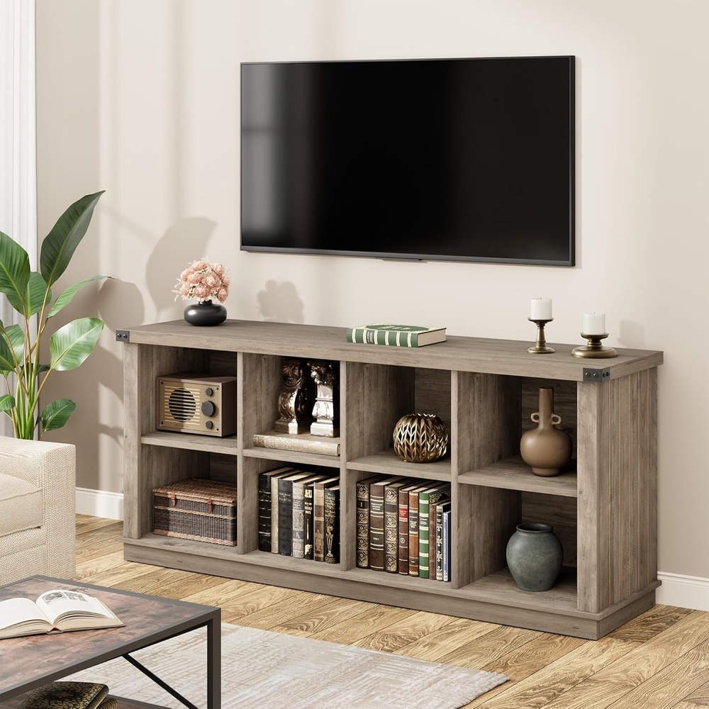 image:imageGarvee 62 in Industrial 8Cube Storage Organizer with 3Tier Metal Horizontal Bookcase Long Low Console Shelf for Entryway and Living RoomRustic Grey