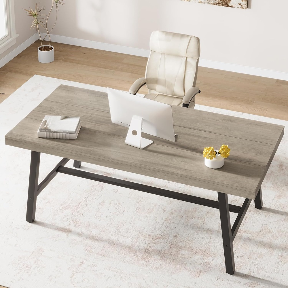 image:imageGarvee 7087 Inch Computer Desk Extra Long Office Desk for 2 Monitors Heavy Duty Industrial Study Table for Home Office Large Rustic Wooden Metal Workstation NaturalGrey