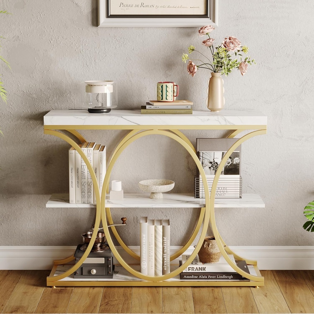 image:imageGarvee Entryway Table with Storage Industrial 4Tier Narrow Console Table Behind Couch with HalfCircle Base amp Storage Shelves for Living Room Hallway FoyerGold and White Marble