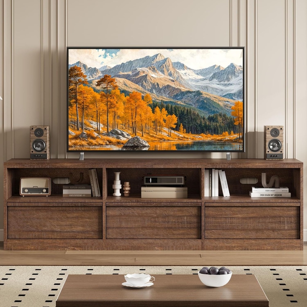 image:imageGarvee Mid Century Modern TV Stand for 65 70 75 in TVs Industrial Entertainment Center with 3 Drawers amp Open Shelves Sturdy MDF for Living Room amp Bedroom Vintage