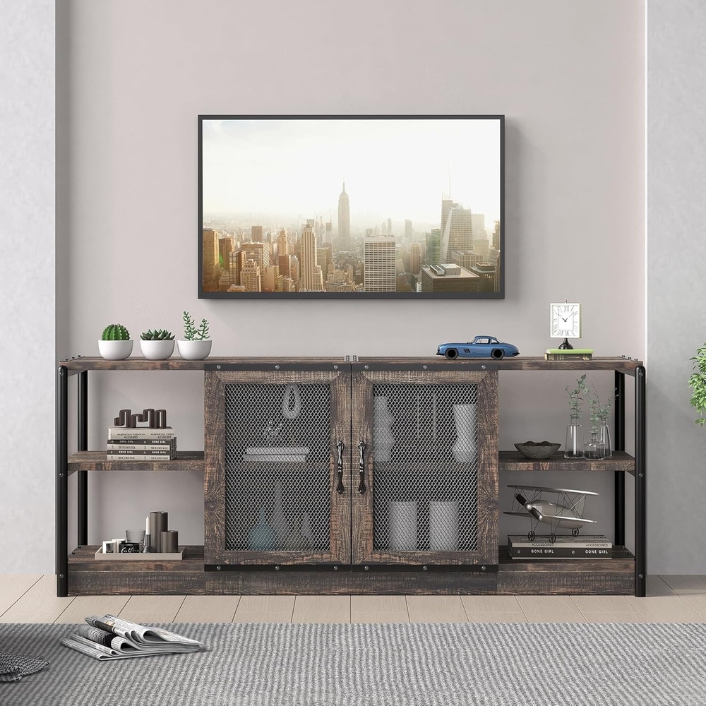 image:imageGarvee TV StandEntertainment Center Up to 75 in TVTV Console with Storage Cabinet and Mesh Door Industrial Console TV Table Media Used for Living RoomampBedroom 71 in Rustic GreyRustic Oak