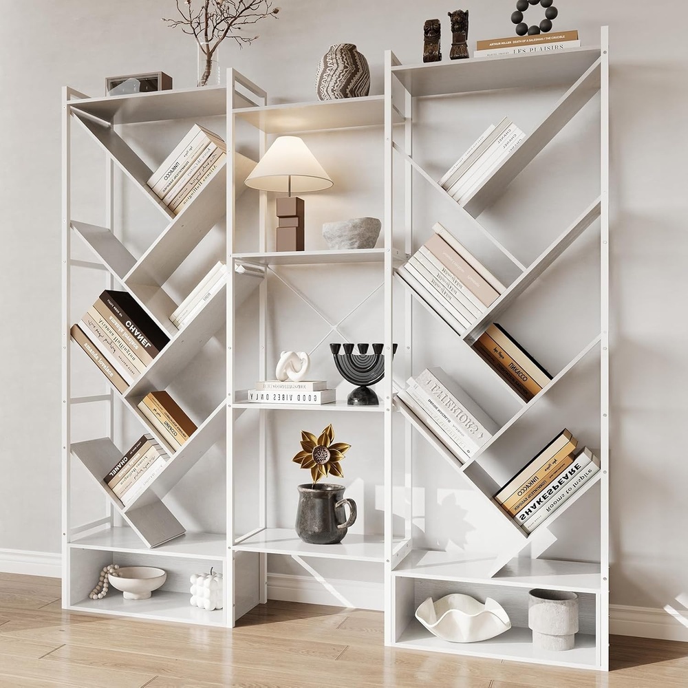 image:imageGarvee Triple 6 Tier Bookshelf Large Bookcase Industrial Bookshelf with 24 Open Display Shelves Industrial Tree Bookshelf Wooden Tall Standing Bookshelf for Living Room Home Office BlackWhite