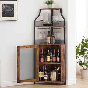 Garvee Corner Wine Rack Cabinet for Liquor Cabinet with Adjustable Shelves, 61 in Industrial Tall Bar Cabinet Freestanding with Mesh Door and Glass Holder for Kitchen, Rustic Brown(Retro)