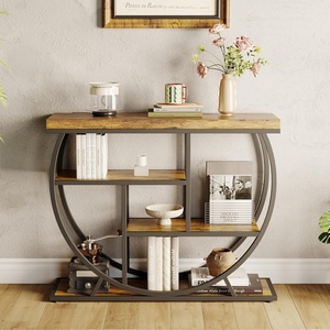 Garvee Entryway Table with Storage, Industrial 4-Tier Narrow Console Table Behind Couch with Half-Circle Base & Storage Shelves for Living Room, Hallway, Foyer(Rustic Brown)