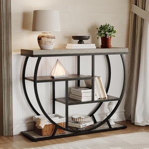 Garvee Entryway Table with Storage, Industrial 4-Tier Narrow Console Table Behind Couch with Half-Circle Base & Storage Shelves for Living Room, Hallway, Foyer(Grey)