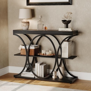 Garvee Entryway Table with Storage, Industrial 4-Tier Narrow Console Table Behind Couch with Half-Circle Base & Storage Shelves for Living Room, Hallway, Foyer(Black Wood Grain)