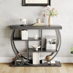 Garvee Entryway Table with Storage, Industrial 4-Tier Narrow Console Table Behind Couch with Half-Circle Base & Storage Shelves for Living Room, Hallway, Foyer(Black)