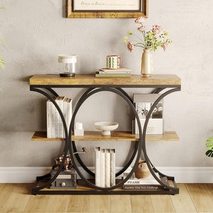 Garvee Entryway Table with Storage, Industrial 4-Tier Narrow Console Table Behind Couch with Half-Circle Base & Storage Shelves for Living Room, Hallway, Foyer(Retro Brown)